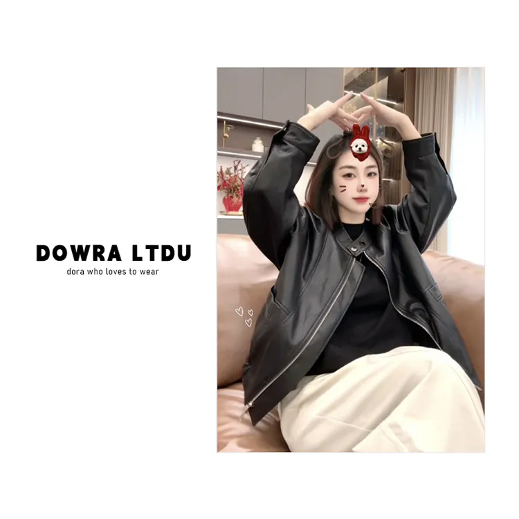 朵拉【伦敦晚报】2025年秋季新款圆领纯色百搭长袖皮衣外套 147-315