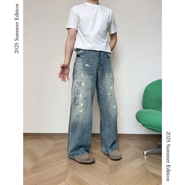 涂鸦点缀/2025新款”12oz“AC家泼墨水洗牛仔裤美式宽松直筒阔腿裤