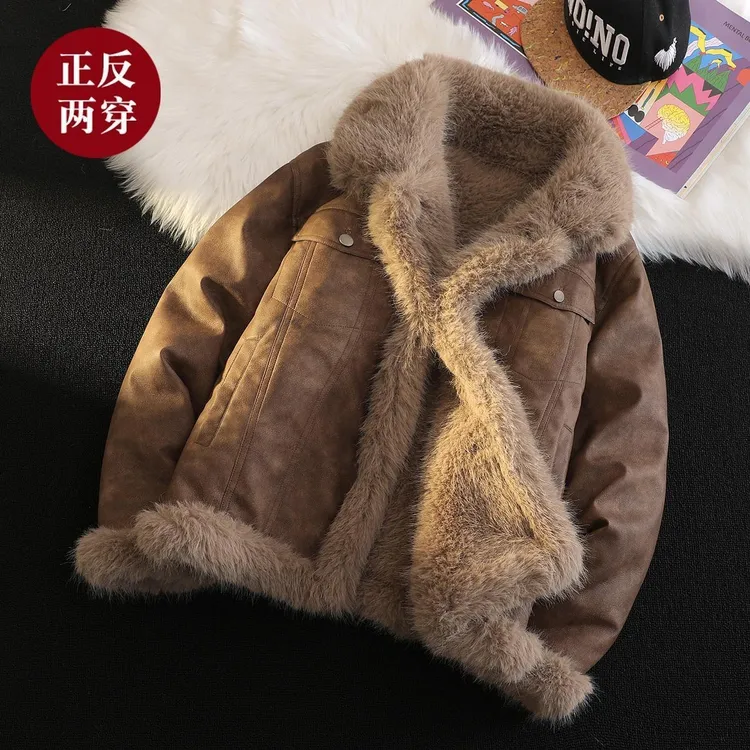 【双面穿加厚长毛款】皮毛一士冬季大码加绒皮衣夹克情侣装貂绒外套
