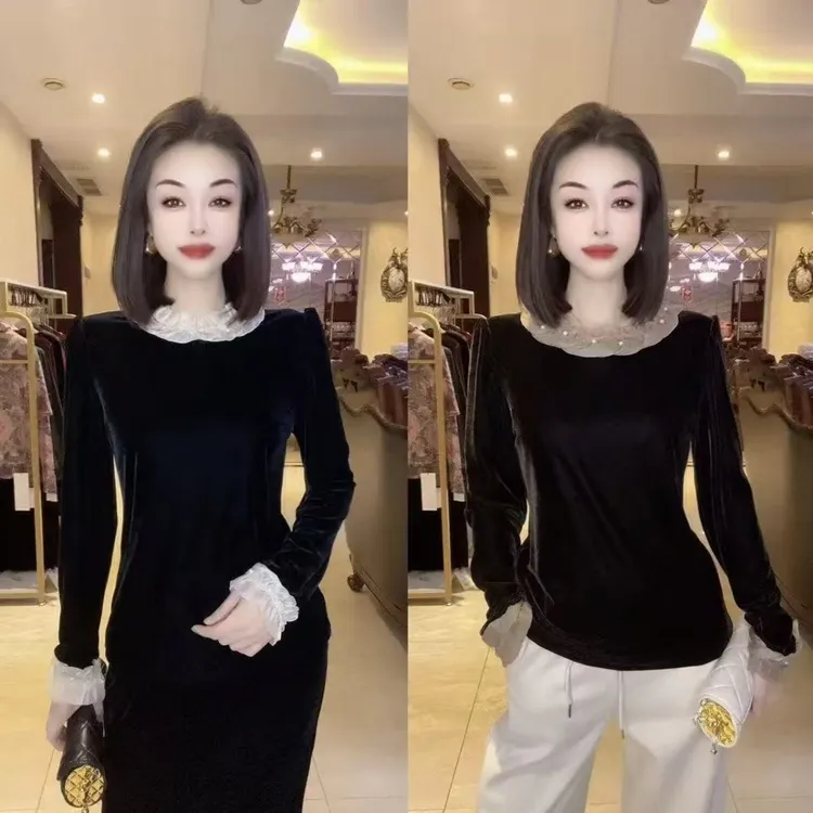 2025早春新款小衫女欧货韩版气质钉珠褶皱木耳边高档打底衫上衣女