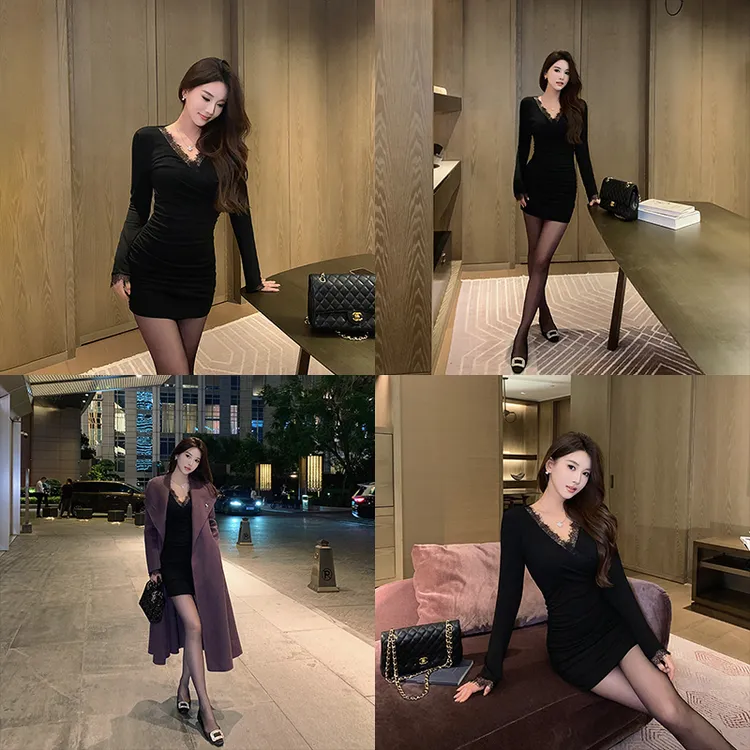 林关关【夜诱缪斯】轻熟性感修身女秋包臀裙蕾丝花边针织打底连衣裙