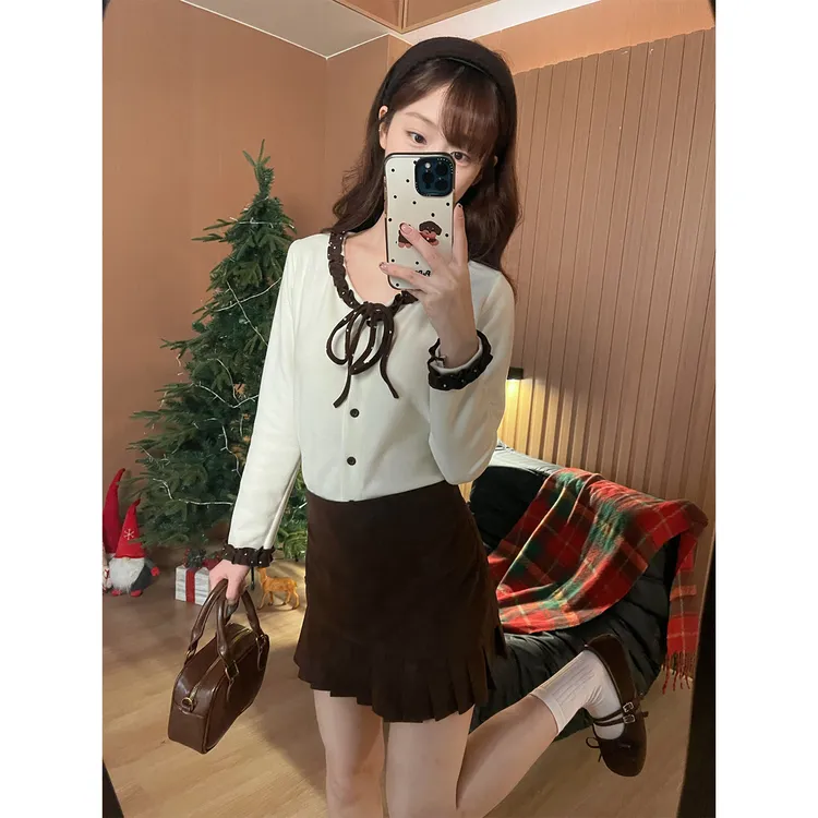 日系波点绑带捏褶花边V领加厚内搭长袖女小个子气质修身针织上衣