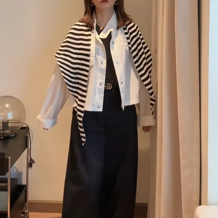 春秋季时尚百搭条纹披肩长袖衬衫休闲短款外套