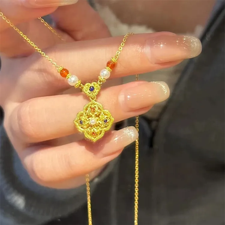 铜合金项链 珐琅彩如意项链灵动精致坠链百搭镂空轻奢古法工艺款