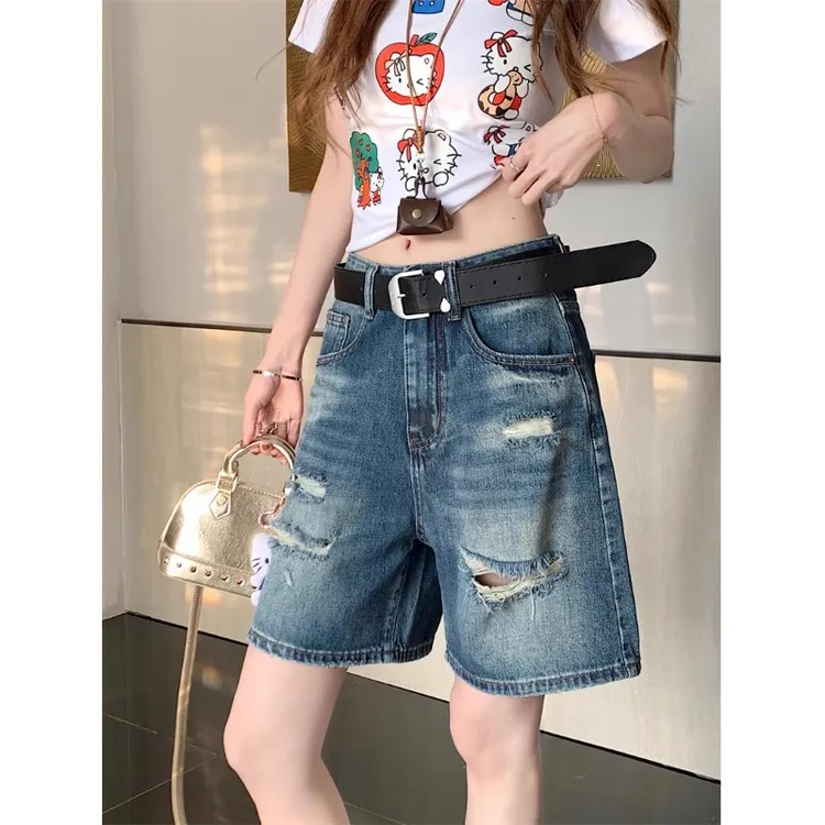 复古做旧水洗蓝色牛仔裤女2025夏季新款设计感破洞宽松百搭短裤