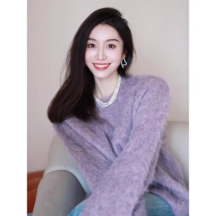 秋冬毛衣女2025新款紫色多巴胺慵懒风高级感穿搭马海毛上衣针织衫