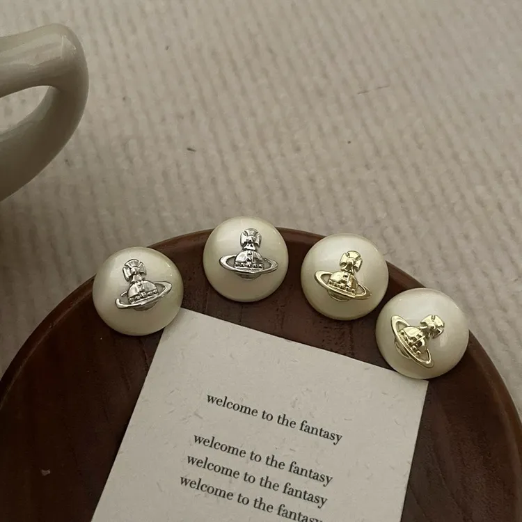 铜合金耳饰 AIER-纽扣珠珠土星耳环复古气质简约百搭925银针~