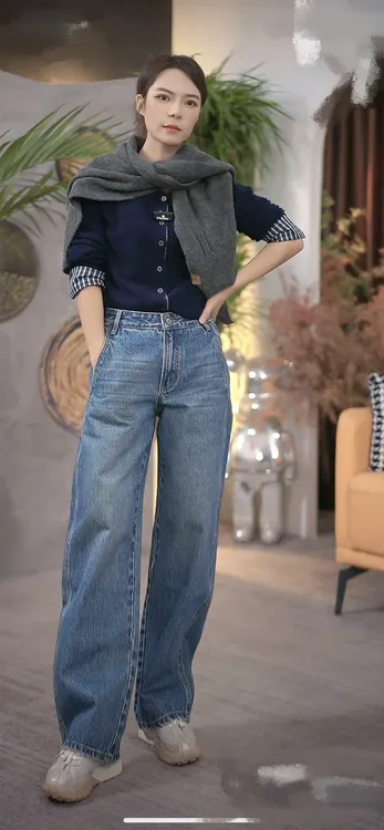 Diran-冬季新款丹宁无弹洋气宽松慵懒风中高腰窄版小弯刀直筒裤