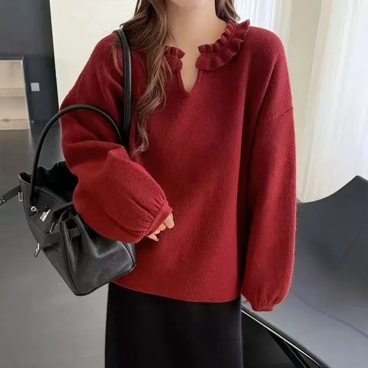 韩系木耳边V领针织衫2025秋冬季新款女高级减龄上衣百搭套头毛衣