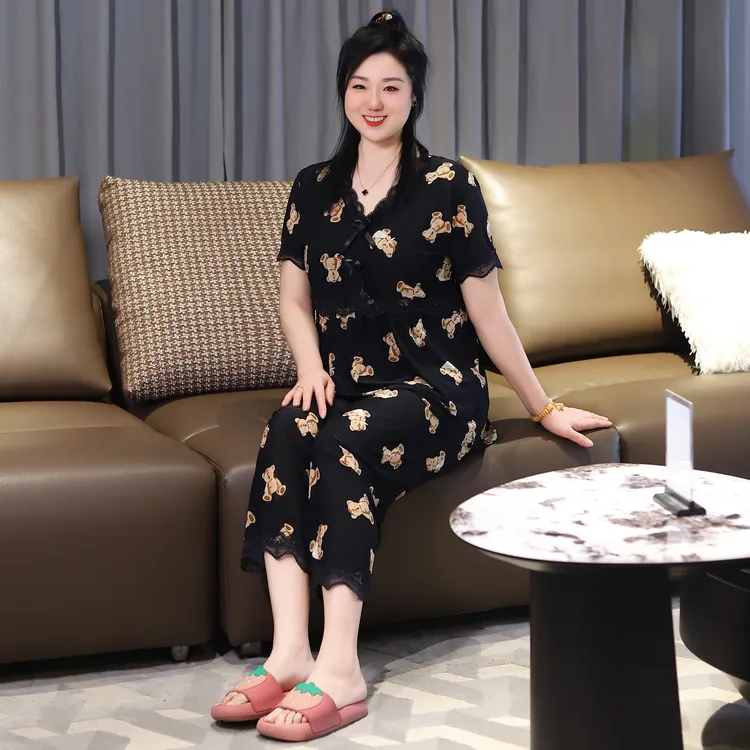 春秋款高弹睡衣女套装家居服大码宽松遮肉显瘦时尚洋气气质可外穿