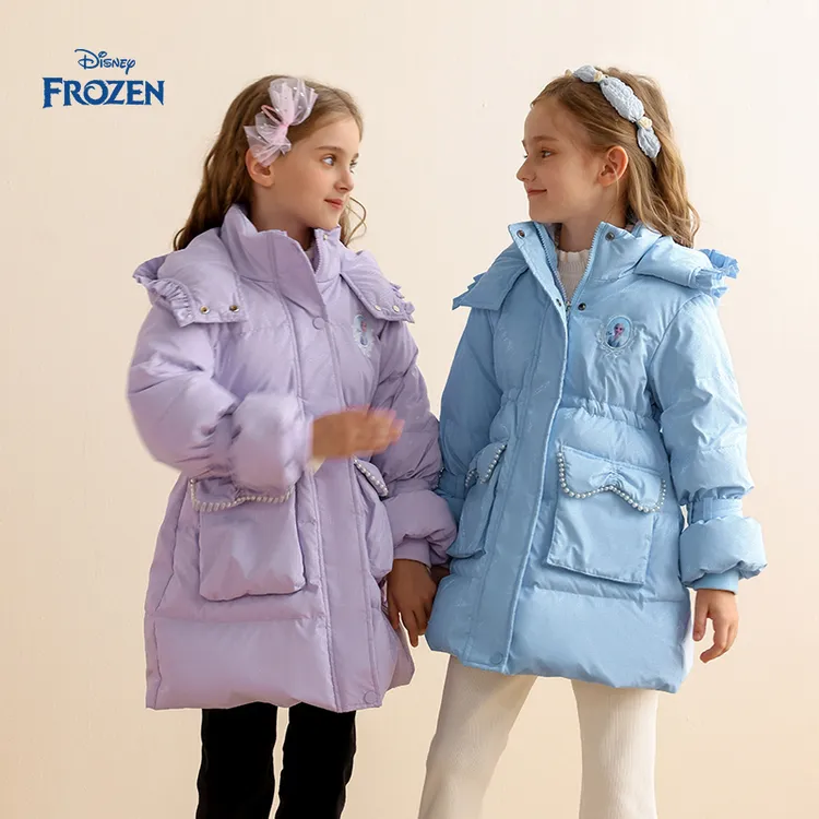 Disney/迪士尼冰雪奇缘女童童装冬季中长款白鸭绒连帽儿童羽绒服