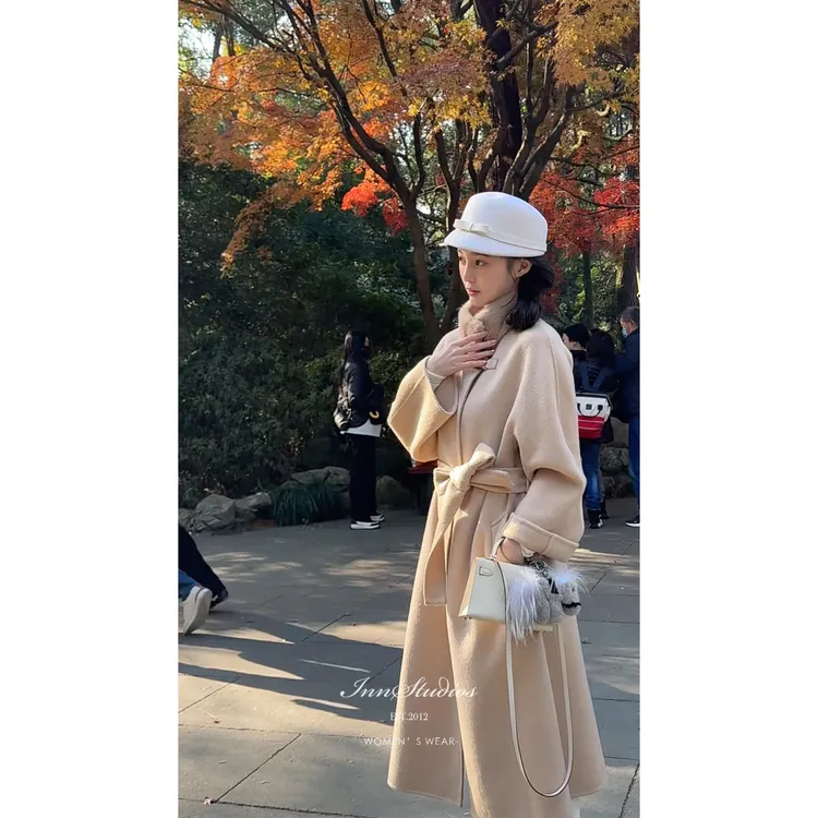 Innstudios“秋叶大衣-小个子版” 氛围感羊绒羊毛水貂毛领驼色大衣