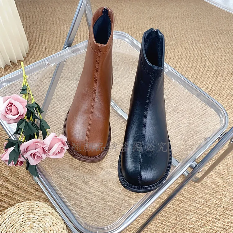 【翘颜品牌】时尚百搭气质舒适软皮软面加绒加厚短款切尔西靴8818