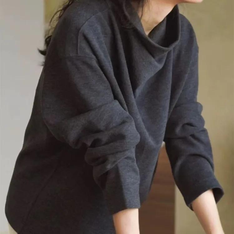 灰色堆堆领长袖T恤衫秋冬季清冷系禅意仙气磨毛套头女装上衣