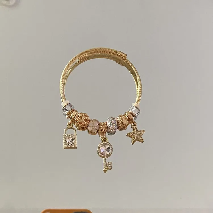 不锈钢树脂手镯 vintage小众设计感轻奢星星钥匙镶钻手镯百搭手链