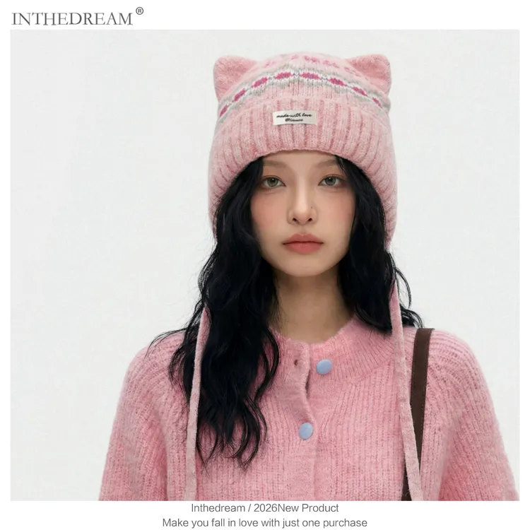 费尔岛风猫耳朵针织帽女冬季可爱显脸小加厚保暖护耳毛线帽