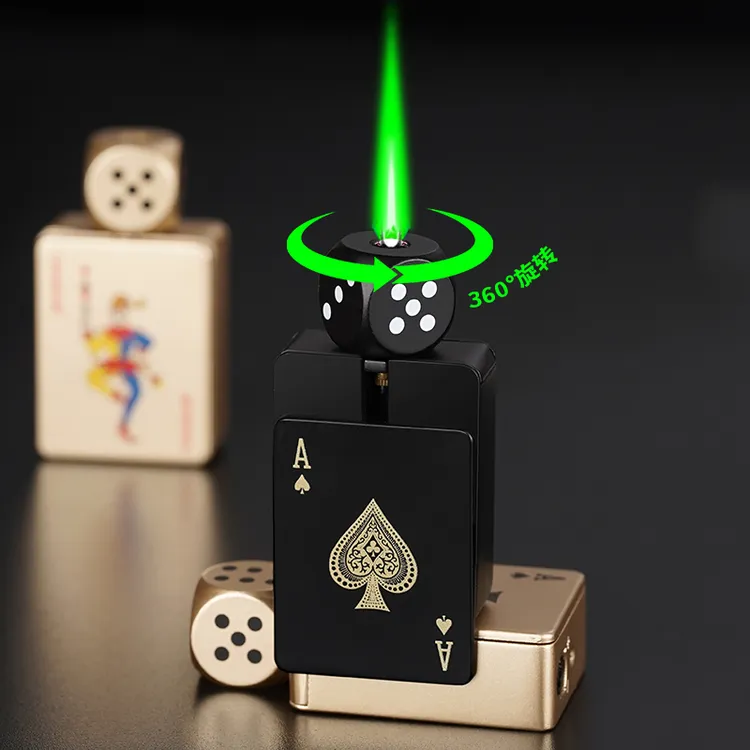 【旋转黑桃A骰子打火机】炫酷创意防风充气便携解压棋牌图案送男友