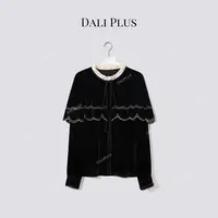 DALI PLUS“100真丝 黑丝绒斗篷衬衫”飘带花边上衣-D5LT2225-1