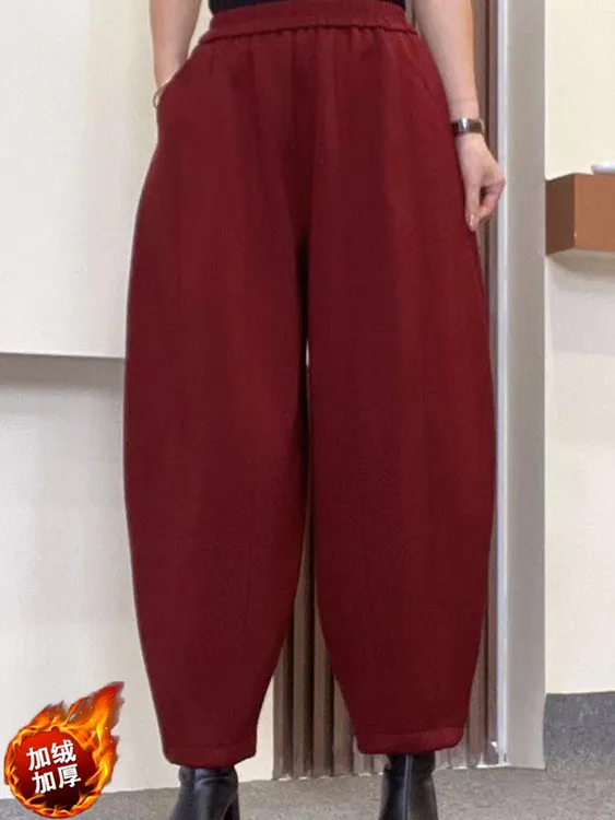 冬季新款时尚纯色加绒哈伦裤G中年女士洋气松紧腰加厚显瘦南瓜裤