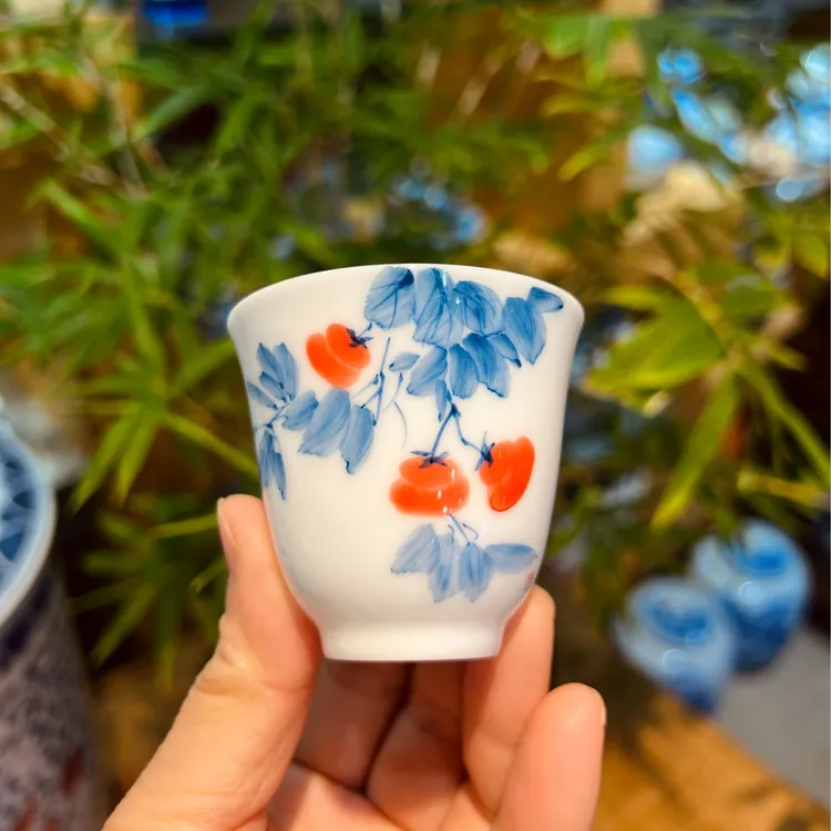 高温釉下彩柿子图案珐琅彩客杯家用喝茶杯陶瓷纯手绘品茗杯茶具