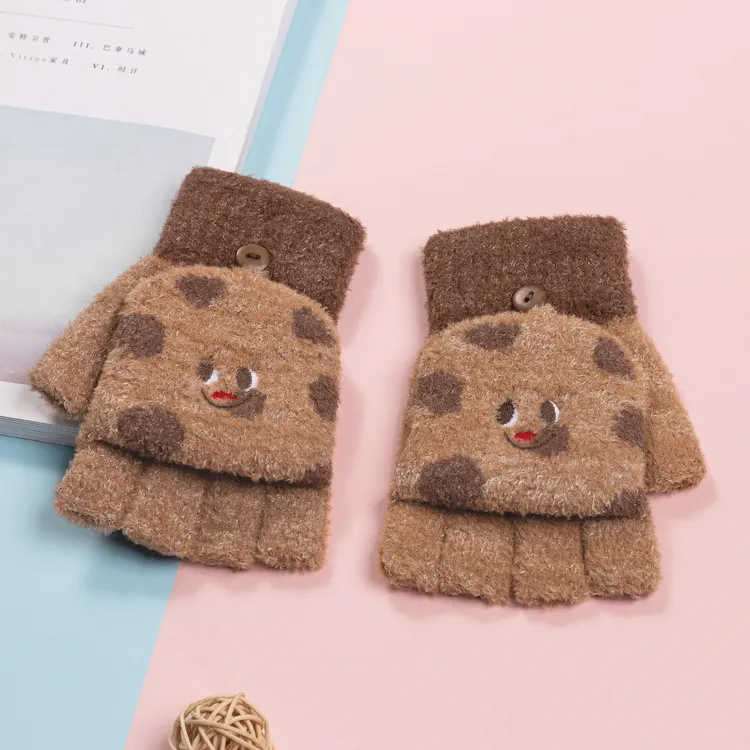 毛绒卡通半指翻盖手套女生秋冬季学生可爱保暖加绒写字漏五指手套