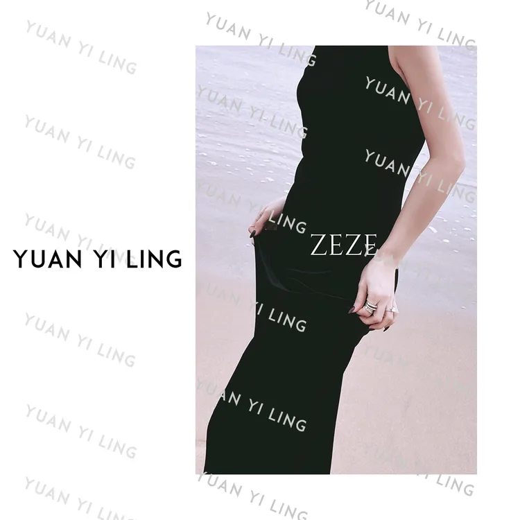 YUAN YI LING【黑天鹅】设计贴钻吊带丝绒女装开叉轻奢吊带连衣裙夏