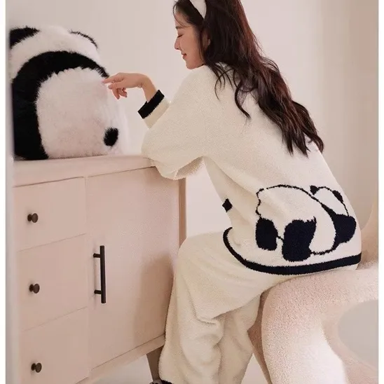秋冬02熊猫产后哺乳月子服孕妇睡衣喂奶家居保暖半边绒柔软大码