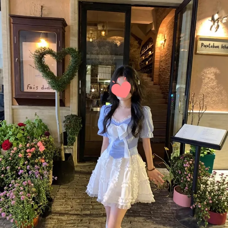 【两件套装】夏季新款蝴蝶结褶皱花边上衣+蛋糕裙高腰a字半身裙女