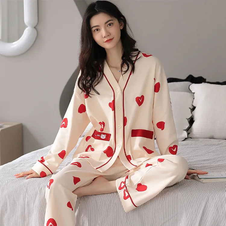 浪莎睡衣女春秋季纯棉2025新款全棉V领和服长袖可外穿家居服套装