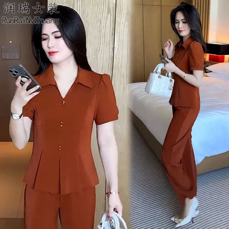 小个子休闲风时尚套装女士夏季新款收腰短袖衬衫阔腿裤两件套