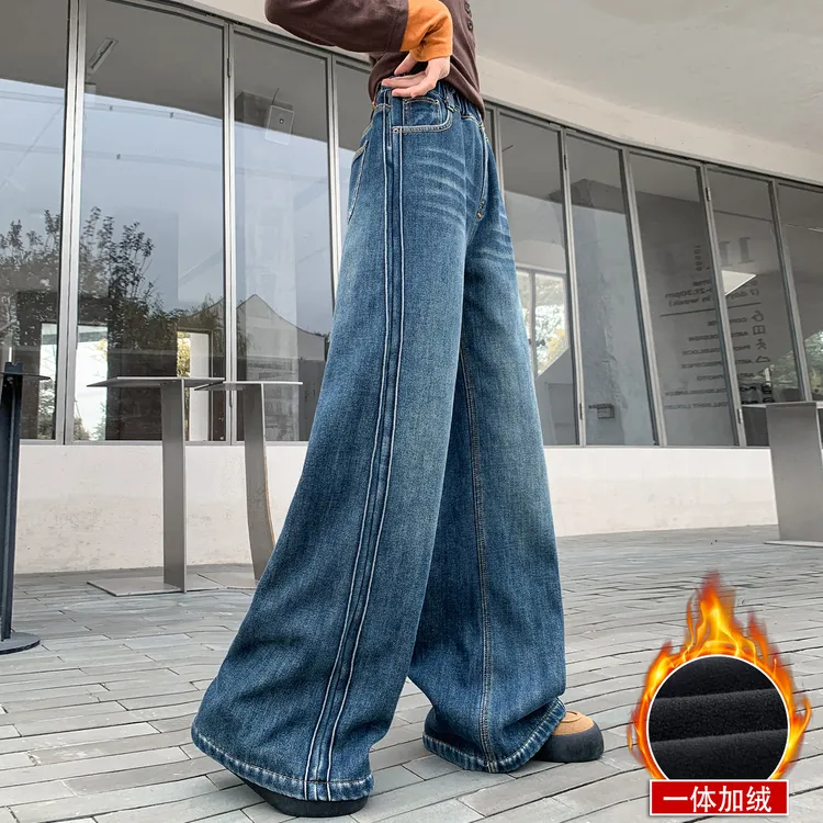 女童加绒裤子秋冬2025新款中大童冬季加厚牛仔裤儿童一体绒阔腿裤