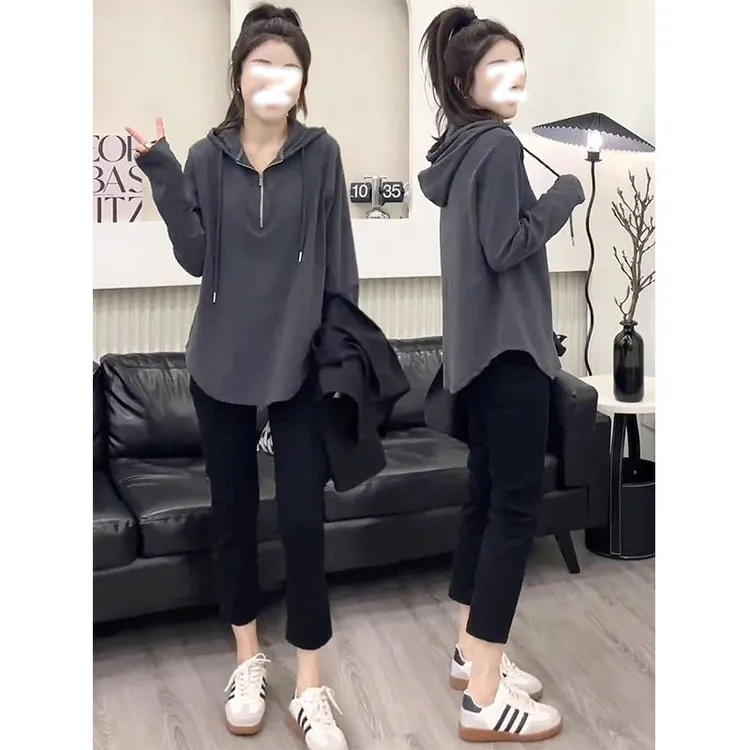 大码美式胖mm连帽卫衣2025春季新款显瘦遮肚子爆款长袖内搭上衣女