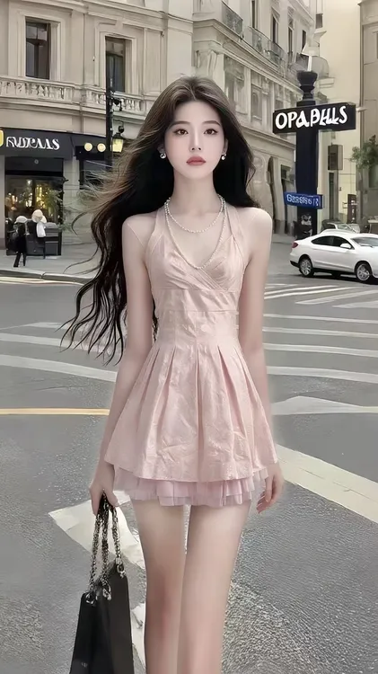 轻奢时尚气质短裙纯欲千金风粉色U领挂脖收腰连衣裙女氛围感女装