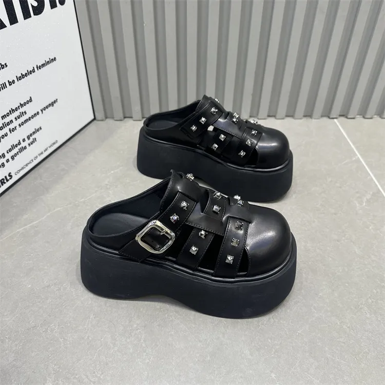 女士网红女鞋时尚百搭休闲夏季外穿厚底防滑高跟坡跟松糕底包头鞋