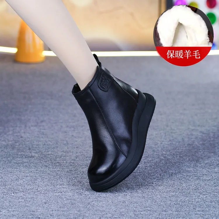 6165新秋冬头层牛皮短靴女舒适防滑底皮毛一体女士马丁靴真皮