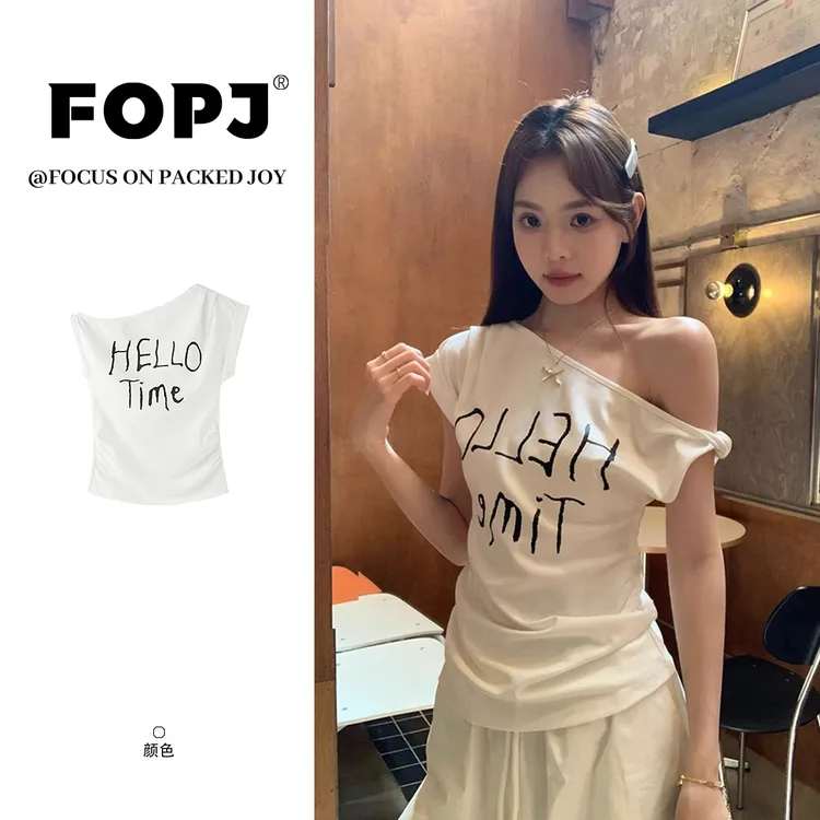 FOPJ纯欲风白色扭结斜肩短袖t恤夏季字母印花设计百搭宽松上衣女