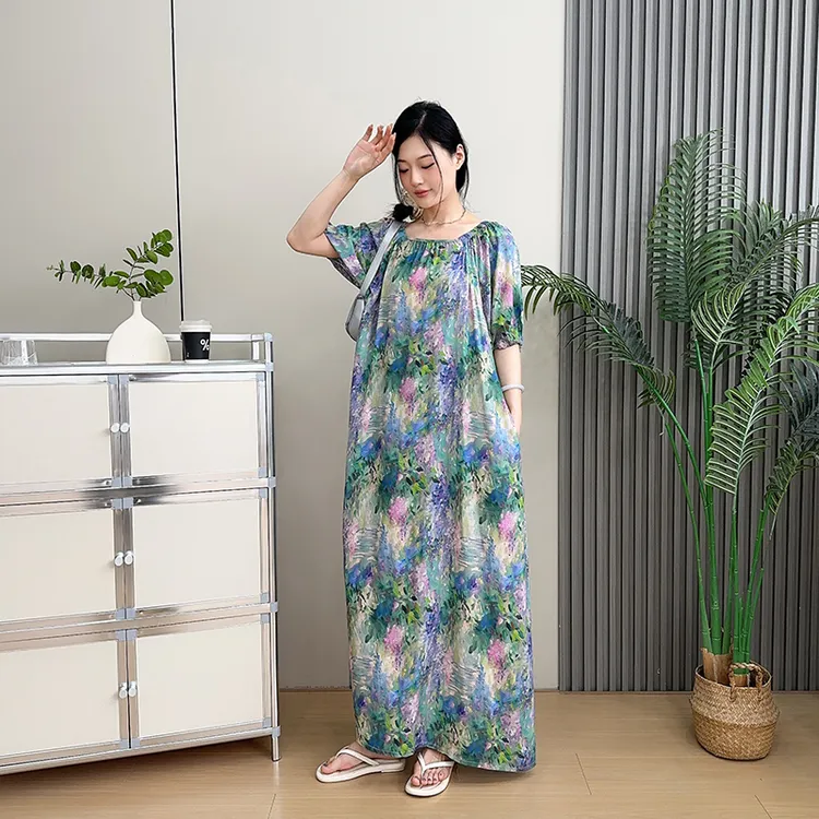 2025夏季棉绸连衣裙女海边人造棉旅游度假中长款时尚印花潮长裙子