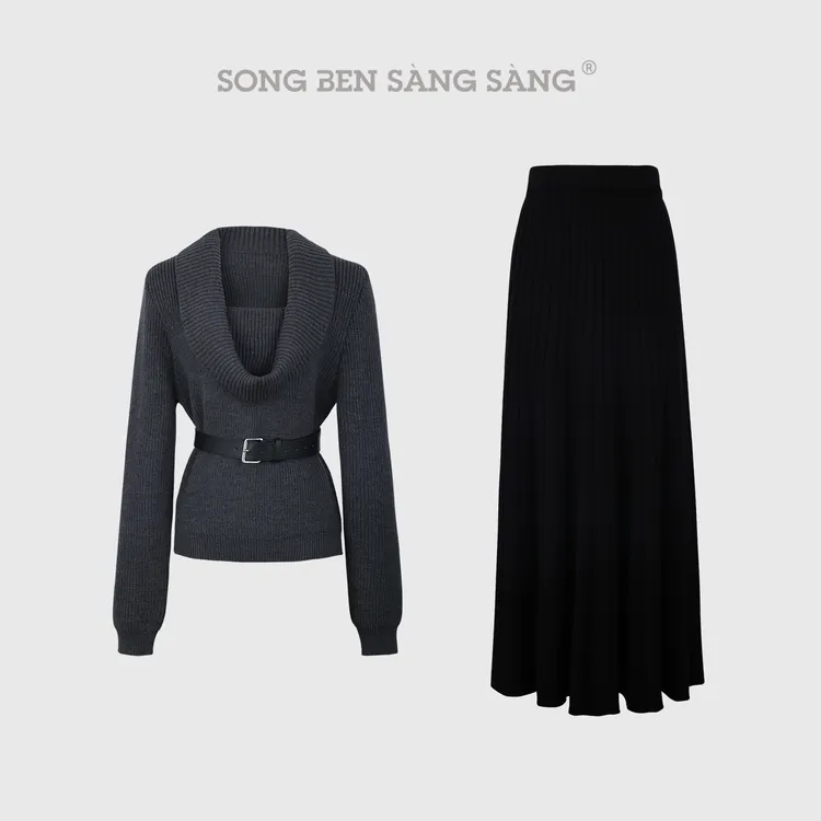 松本丧丧荡领秋冬慵懒收腰显瘦毛衣高腰百褶裙两件套B253Z0045