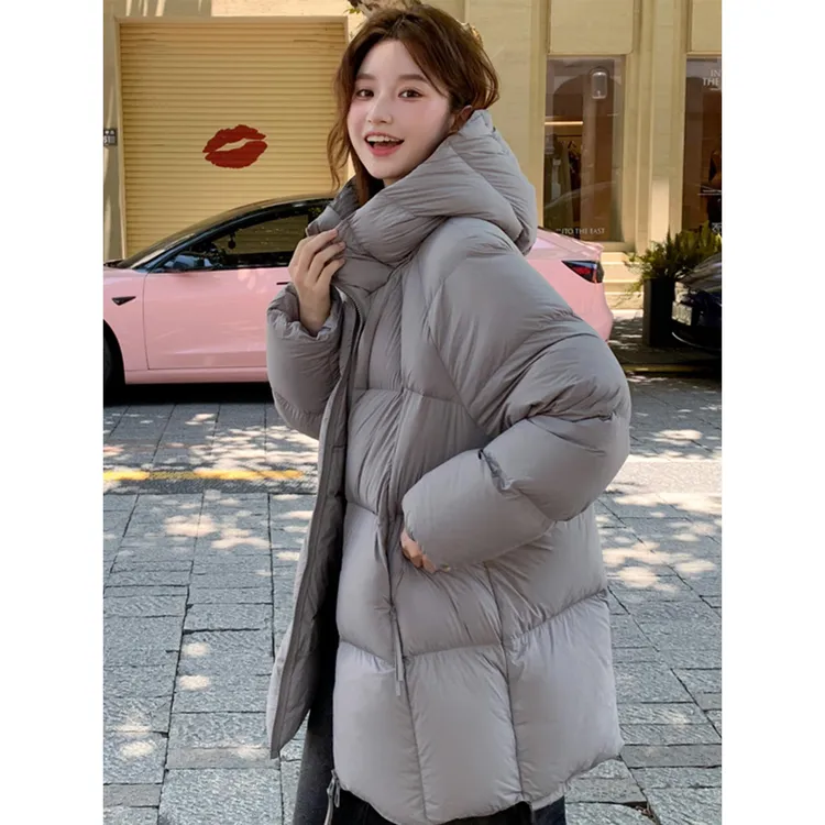 灰色羽绒服女中长款2025冬季新款云朵泡芙加厚棉服外套连帽小个子