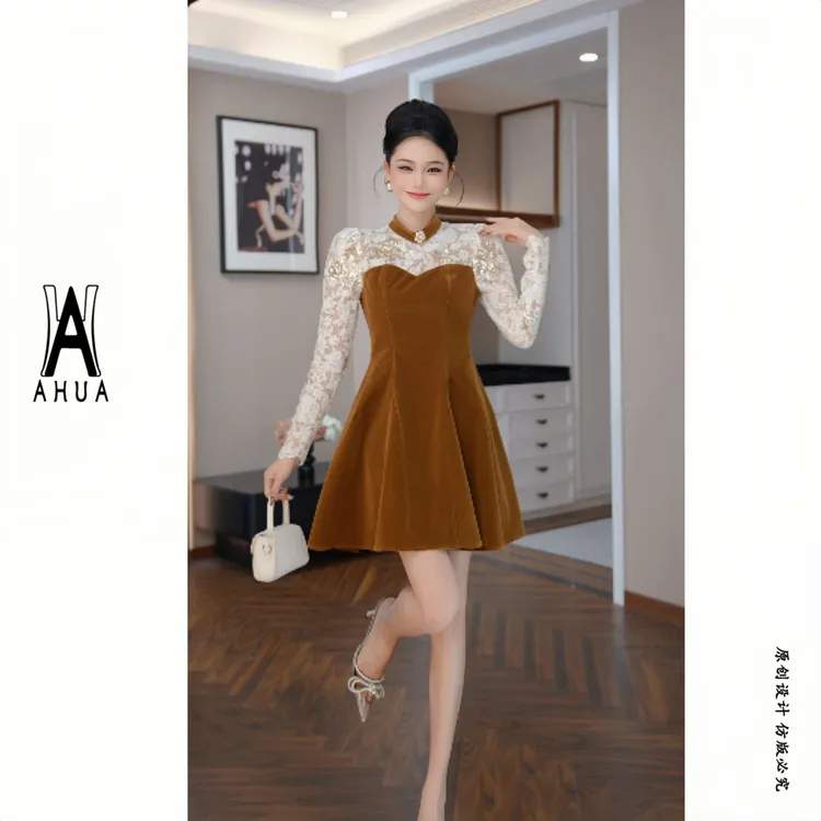 【花花原创】设计师新款重工蕾丝拼接连衣裙秋季舒适21922