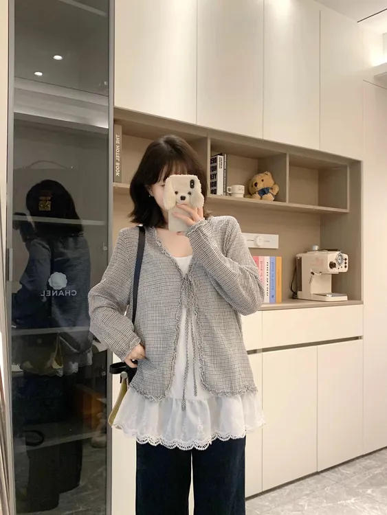 大码胖mm时尚两件套秋季新款蕾丝吊带背心木耳边格子长袖开衫上衣
