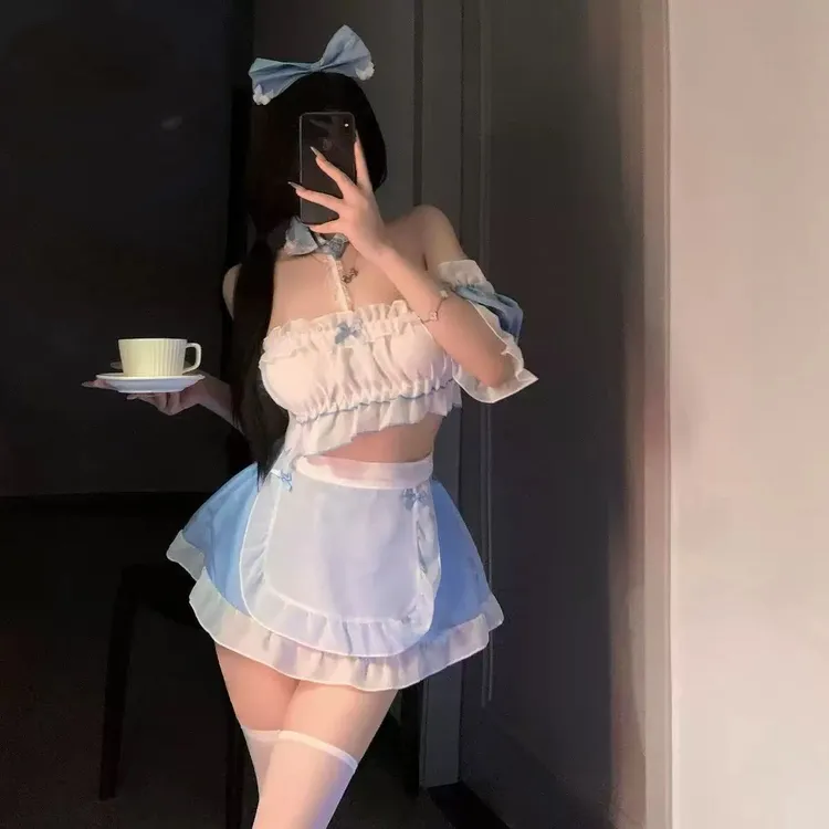 【初见】80-200斤日系甜美软妹主题围裙套装高腰小胸款性感睡衣白色