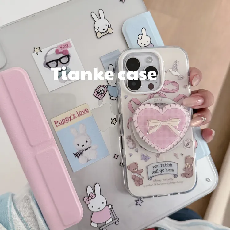 【苹果】ins韩系少女奶油丝带小熊茶杯兔双层亮面磁吸壳iPhone17