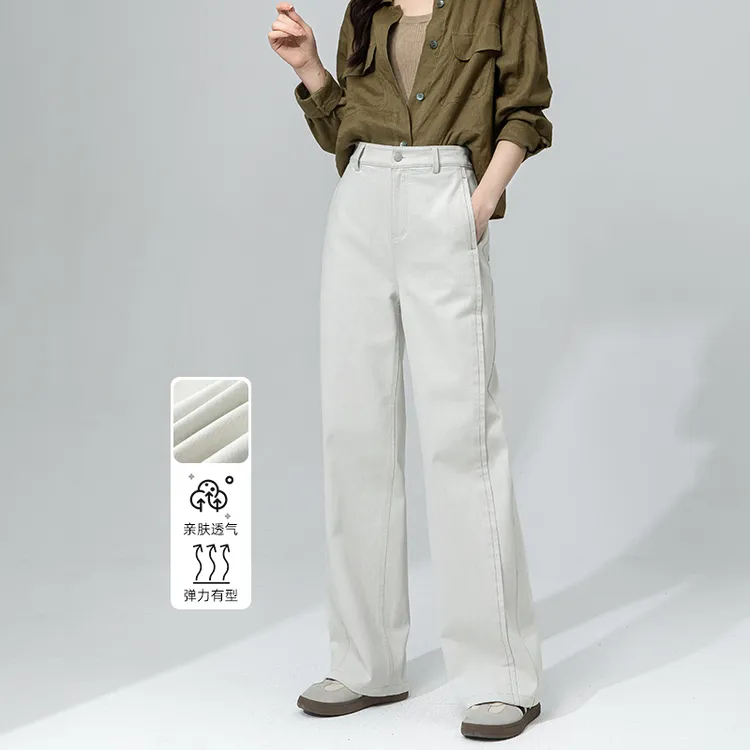 2025秋新款高腰白灰色宽松阔腿牛仔裤女窄版直筒拖地裤渣渣灰