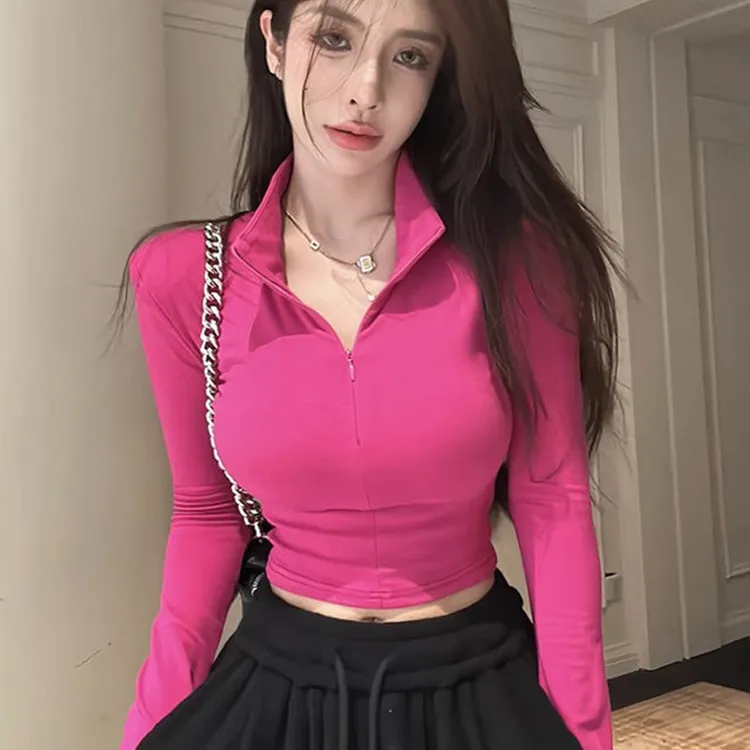 新款早秋长袖上衣女春秋季修身百搭t恤 正肩外穿秋衣polo领打底衫