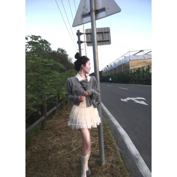 parkyeon设计感假两件蕾丝拼接针织上衣搭配高腰显瘦半身裙套装