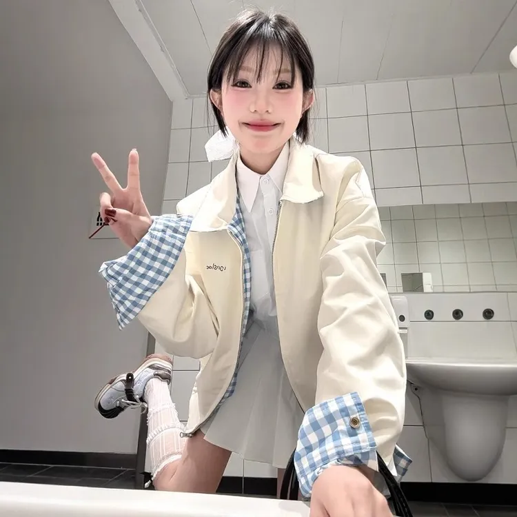 美式复古格子双面穿棒球服外套女2025春秋新款宽松设计感夹克上衣