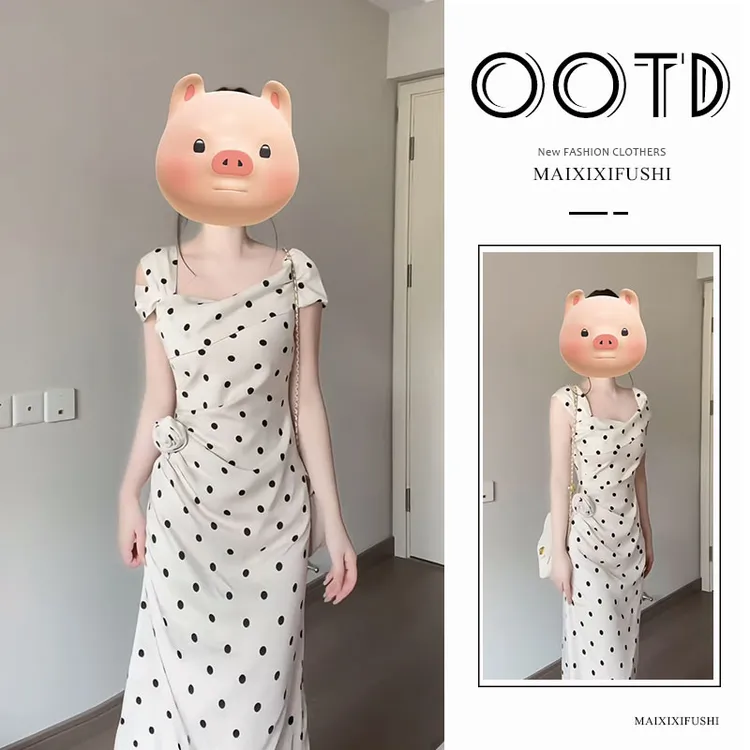 夏季新款法式高级感连衣裙立体花朵抽褶收腰显瘦露肩度假A字长裙