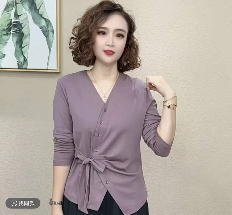 法式常规染色防脏绑带V领耐脏T恤短款显瘦纯色时尚气质长袖洋气