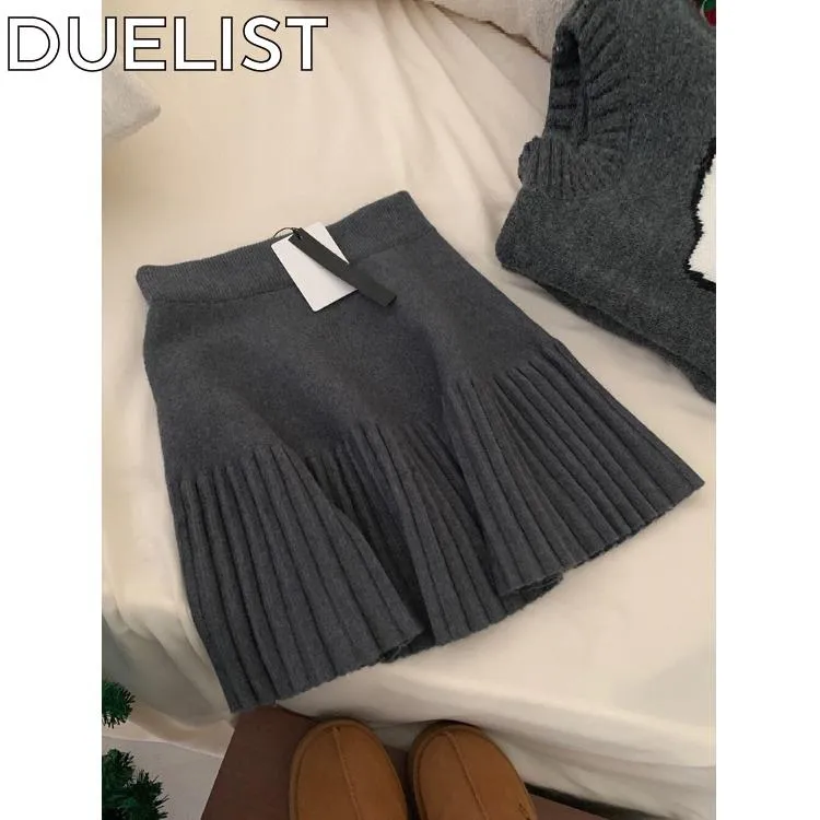 DUELIST深灰色高级感松紧腰百搭字百褶裙女高腰显瘦针织半身短裙